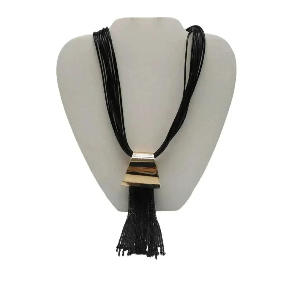 Multi Leather Cords Draping Tassel Statement Necklace Adjustable Gold Tone VTG